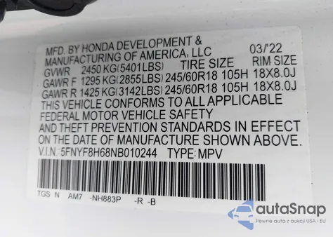 2022 Honda Passport Awd Trailsport z USA, uszkodzony, nr VIN 5FNYF8H68NB010244